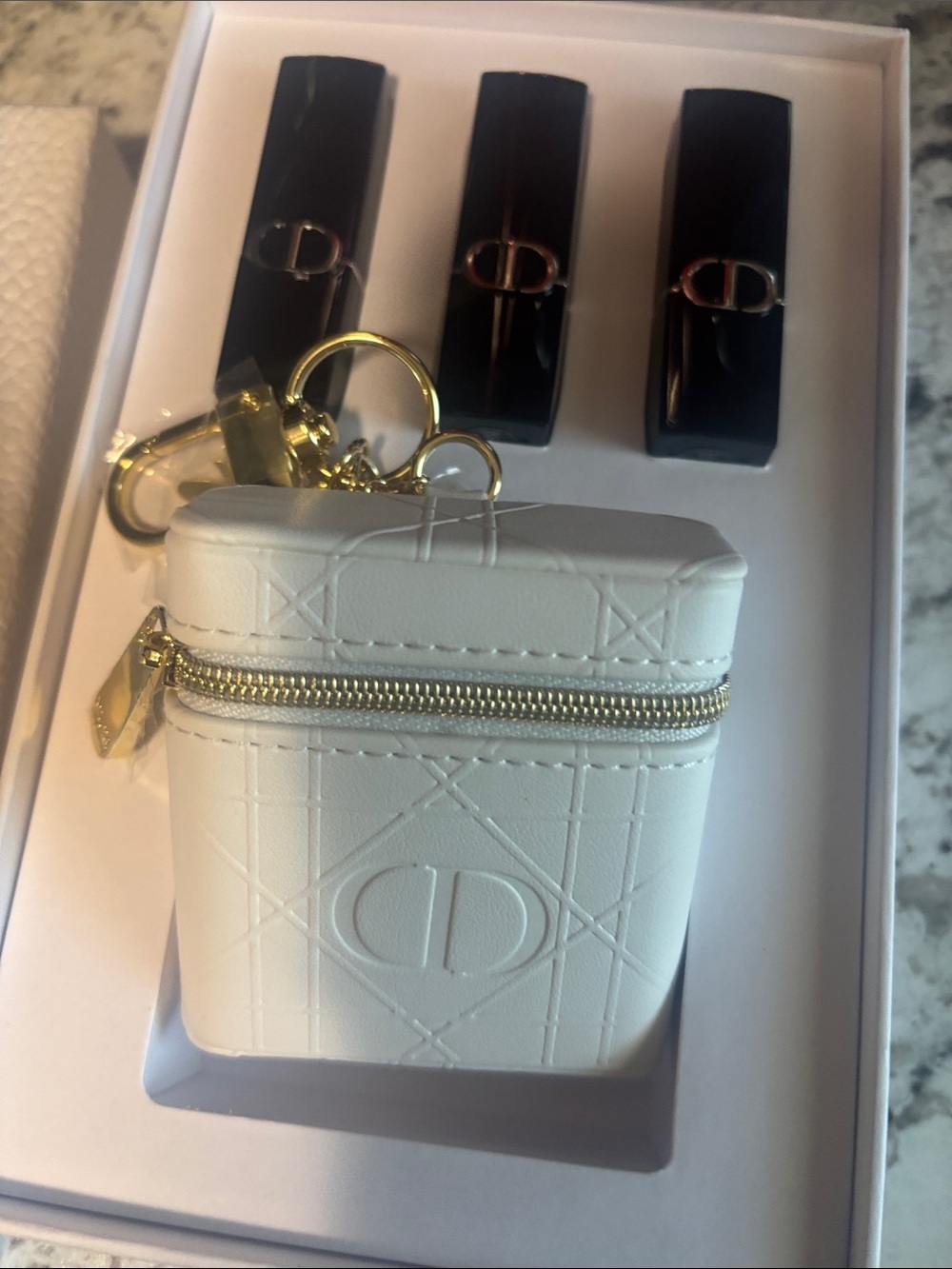 Dior White Embossed Leather Key & Card Holder with Gold Hardware